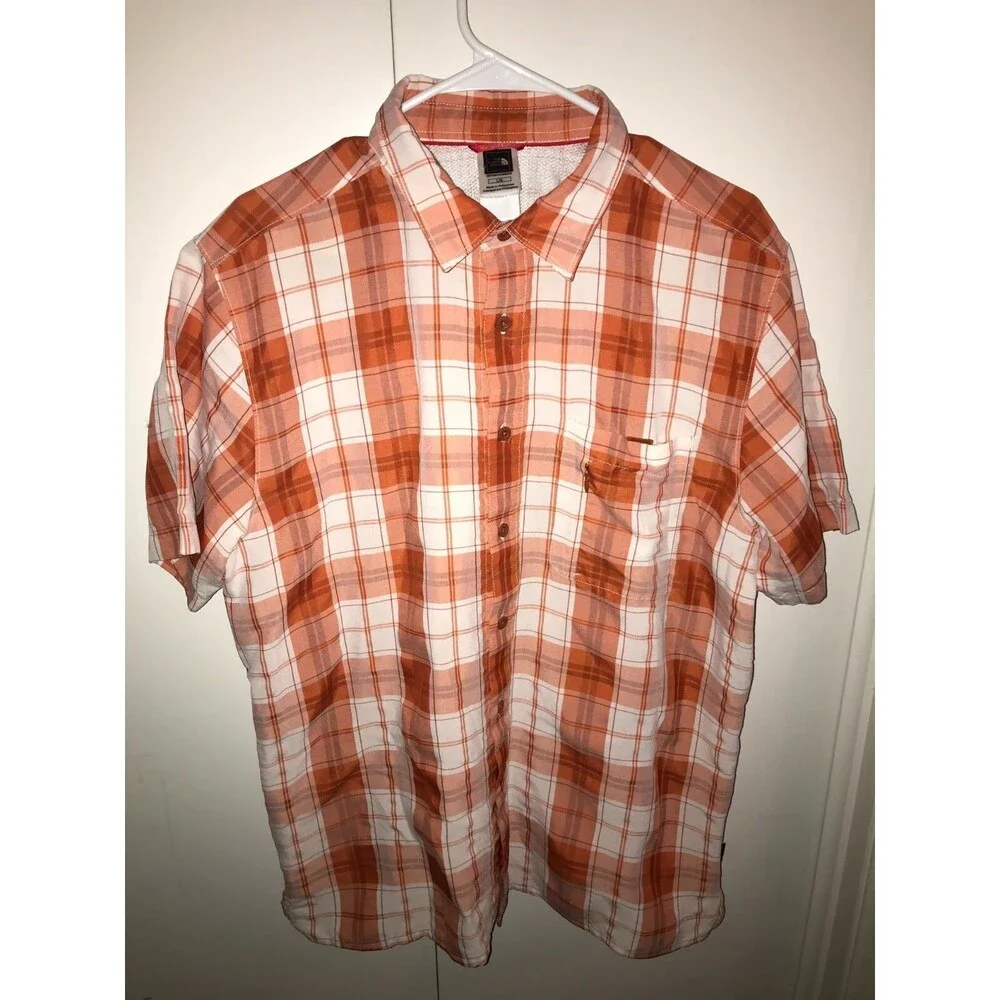 The North Face Men’s Large L Short Sleeve Button Down Striped Plaid Shirt Orange